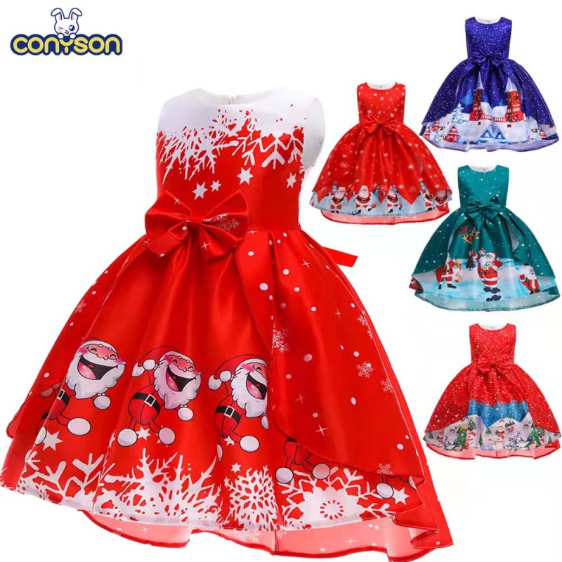 Conyson Wholesale Hot Sale Designer Christmas Party Wear  Boutique Printed Trailing Baby Girls' Dresses