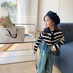 Conyson organic kids clothes spring personalized kids-designer-clothes vintage velvet core yarn striped knitted girls coat