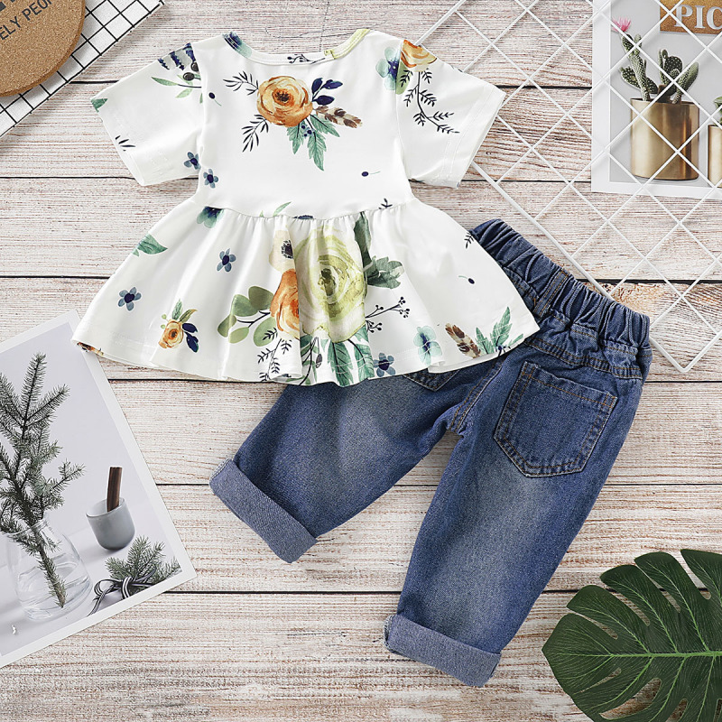 Hot sale 2021 Summer Popular  Fashion baby Girls Print ruffle Tops  ripped jeans denim Trousers Clothing sets