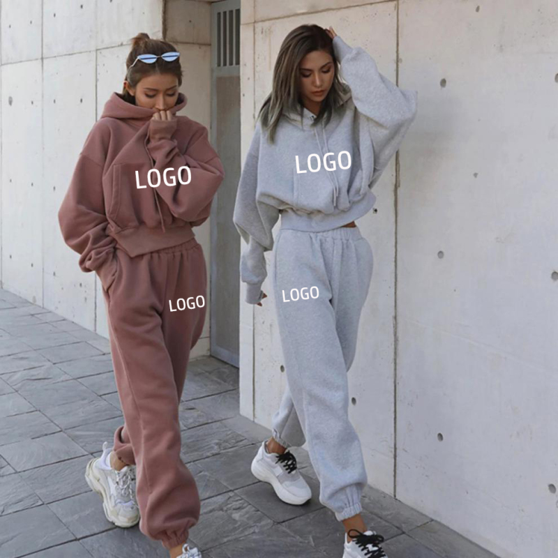 Hot Sale High Quality Custom Long Sleeve Tracksuit Sport Gym Pullover Plain Crop Top 2 Pieces Jogging Oversized Women's  Set