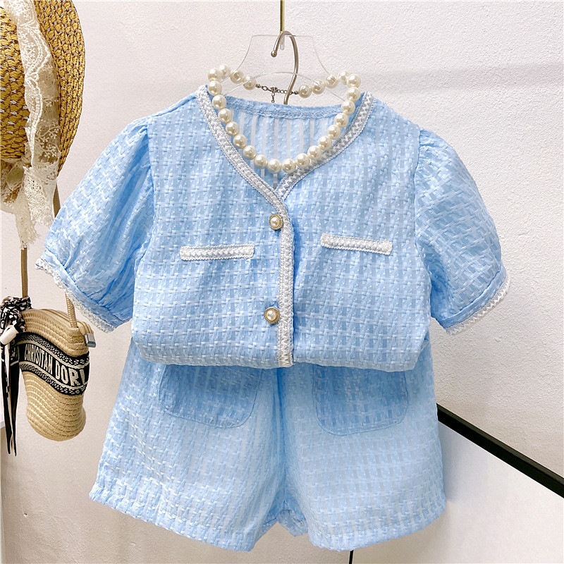 Conyson Hot Sale Toddler girl's suit new little girl fragrant style puff sleeve plaid top and skirt two-piece set