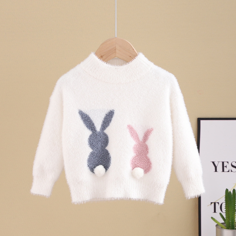 Factory Supply Long Sleeve Cartoon O-Neck Pullover Kids Girls Designer White Sweaters