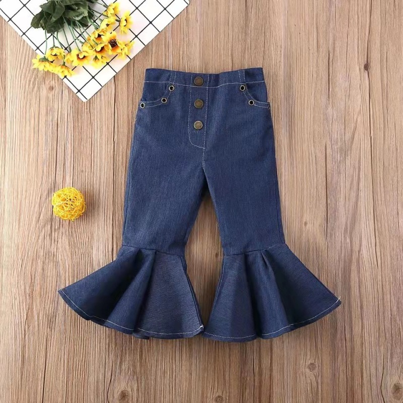 Conyson Spring Fall Bell Bottom Leggings Casual Skinny Stretchy Flared Blue Jeans Buttons Double Pocket Baby Girl Ruffle Pants