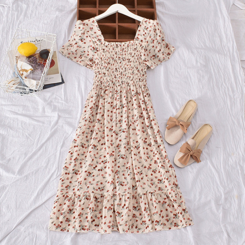 Floral Print Elastic Midi Skirt Square Collar Ruffles Short Sleeve One Piece Dress Women Elegant Casual Dresses