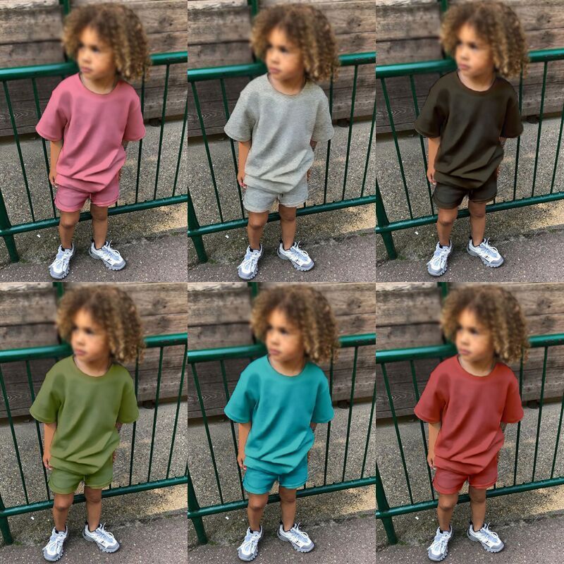 conyson high quality two pieces baby t-shirt short sets cotton outdoors custom logo boys apparel summer kids clothing sweatsuits