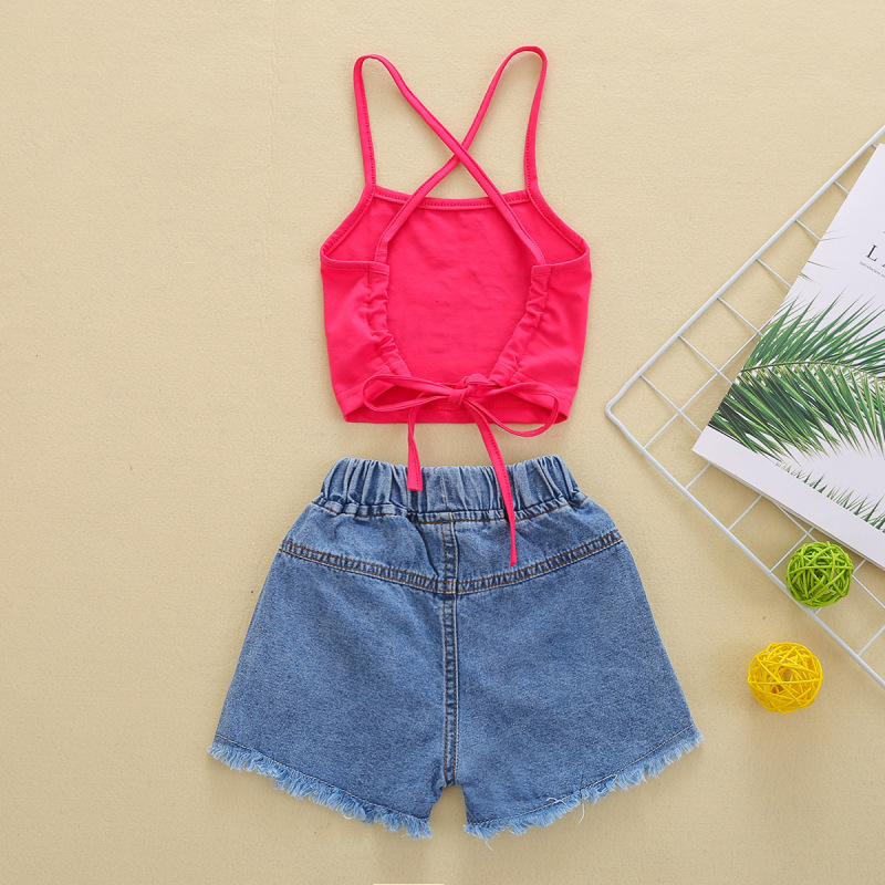 Conyson Summer Wholesale Children Print 2-5 Years Sleeveless Top+Jeans set Cute Baby Girl 2 Pieces Kids Clothing Matching Sets