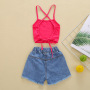 Conyson Summer Wholesale Children Print 2-5 Years Sleeveless Top+Jeans set Cute Baby Girl 2 Pieces Kids Clothing Matching Sets