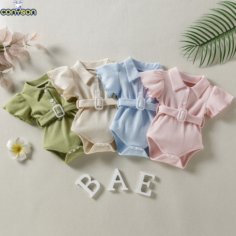 Conyson Hot sale summer cotton Unisex Collar fly sleeve kid children suits newborn button Waffle Romper baby one-piece clothing