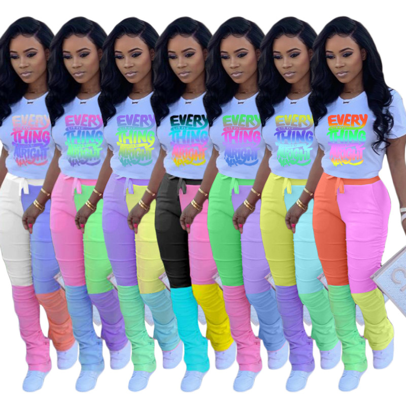Conyson New Fashion Letter Mixture Printed Colorful T-shirt Patchwork Legging Pants Ruffles Women Lady Casual Outfits Sets
