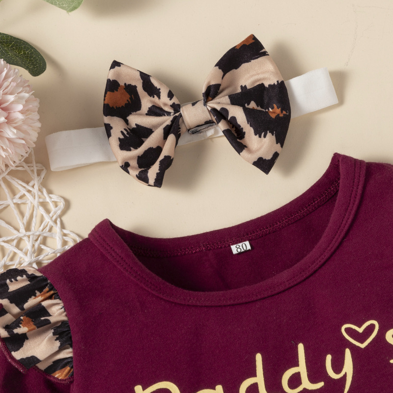 New Splicing Printing Flying Sleeve Bow Three-piece Suit Winter Children's Girls Leopard Letter Kids Clothes Girls Sets