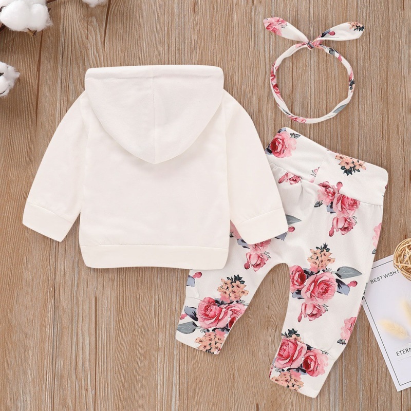 Explosive Casual Hooded Long-sleeved Top Girls' Summer Floral 3 Piece Childrens Tracksuit Set