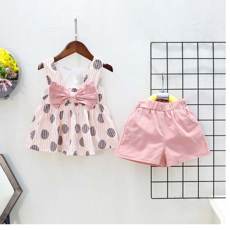 Baby Girl Summer Clothes Polka Dot Printed Sleeveless Tops Big Bow Pure Color Shorts Girls Outfits Girls Bow Knot Two Piece Set