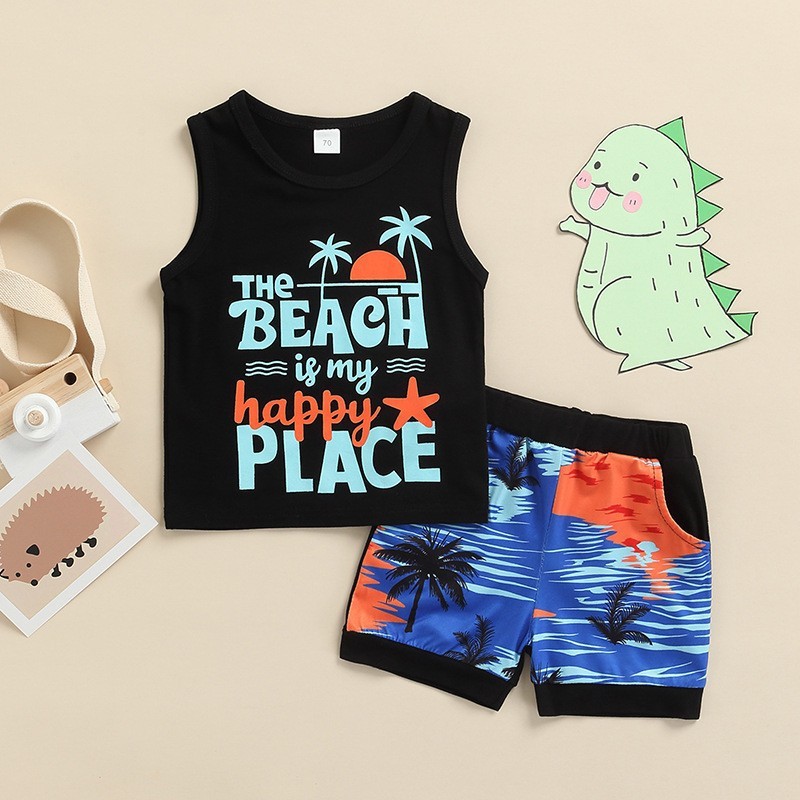 Conyson hot sale fashion summer Children's print sunshine cotton clothes infant kid short suit two-pieces vest boy clothing Sets