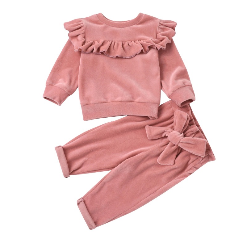 Winter Warm Toddler Baby Girls Velvet Outfits Sets Round Neck Ruffle Trim Top Elastic Waist Pant 2pcs Kid Clothes
