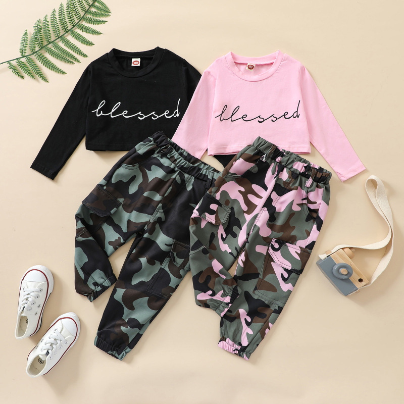 Conyson Pink Black Letter Long Sleeve Pullover Crop Tops Camouflage Print Pants Long Trousers Baby Girls Two-piece Outfits