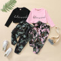 Conyson Pink Black Letter Long Sleeve Pullover Crop Tops Camouflage Print Pants Long Trousers Baby Girls Two-piece Outfits