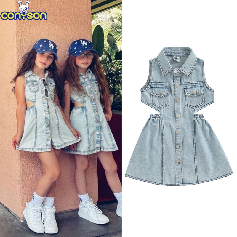 CONYSON summer rts fashion kids Toddler Single clothes sets wear Girl Sleeveless Baby Girls casual Jackets Denim button clothing