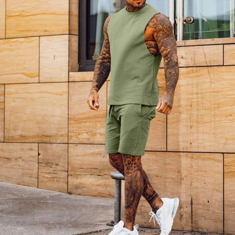 Custom Sleeveless Shirts Shorts Men Suits Solid Color Workout Jogger Two Pieces Clothing Casual Sports Fitness Sets