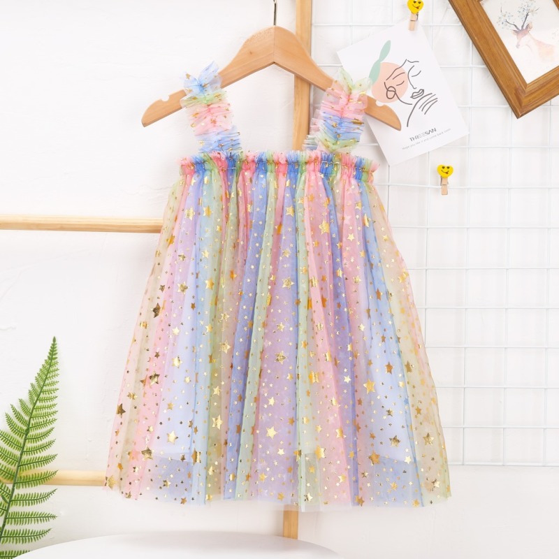 2021 Ins summer new girls sleeveless suspender net gauze clothes children net gauze princess rainbow tutu skirt baby dress