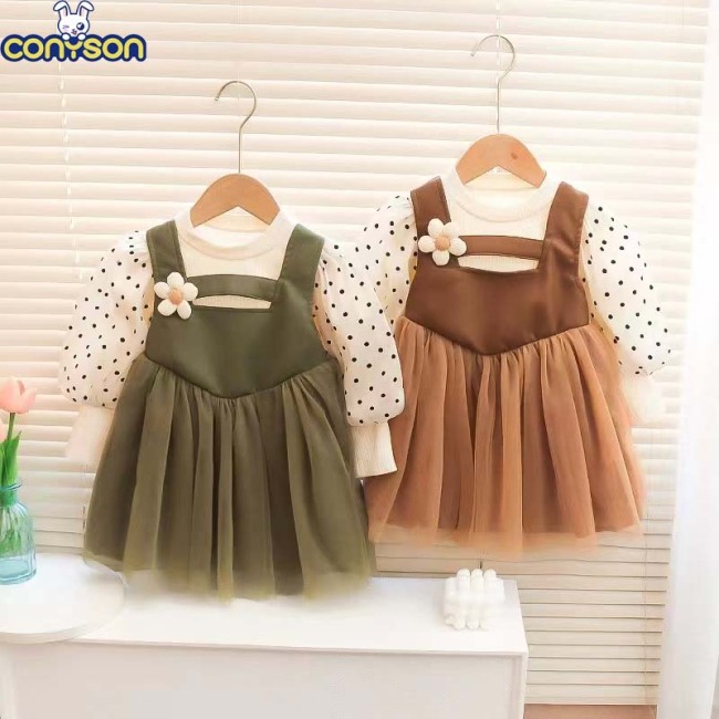 Conyson Low MOQ Spring Children Clothing Girls Casual Dresses Kids Lovely Birthday Party Long Sleeve Dot Flower Baby Girl Dress