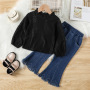 Conyson Children Girls Lace Pullover Jeans Pants 2 Piece Clothing Outfits Casual Designer Top Flower Pant Girl Clothes Sets