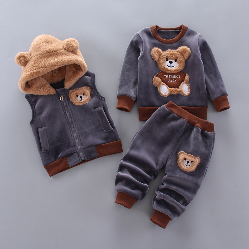 Conyson Autumn Winter Baby Boys Clothes Sets Thick Fleece Cartoon Bear Jacket Vest Pants 3Pcs Cotton Sport Suit For Girls Warm