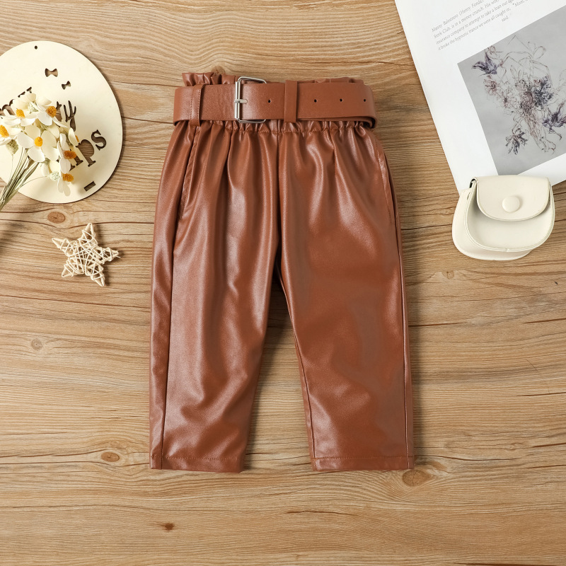 Conyson Casual Kids Girl Clothes Knit Sweater Leather Pants Outfits Long Puff Sleeved Top Pu Trousers Elegant 2pcs Girls Set