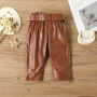 Conyson Casual Kids Girl Clothes Knit Sweater Leather Pants Outfits Long Puff Sleeved Top Pu Trousers Elegant 2pcs Girls Set