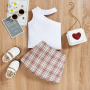 Conyson Wholesale Fashion Baby Girls Clothes Set Sleeveless Ribbed Hollow Shoulder Vest Tops+Plaid Printed A-Line Skirt Outfit