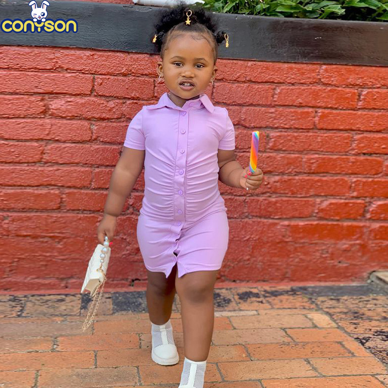 Conyson Hot Sale Summer Kids Clothes Sexy Tight Button Solid T-shirt Little Girls Custom Casual Short Sleeve Dress New For Kids