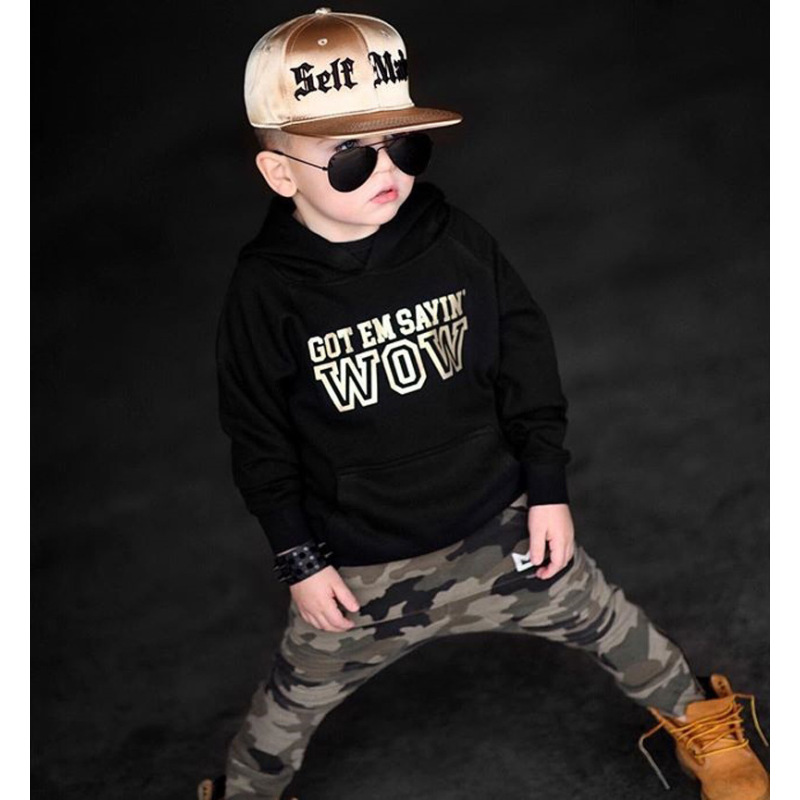 Long Sleeve Black Letters Childrens Onesie Mop Hooded Sweater Pants Two Piece Suit Boys Clothing Sets