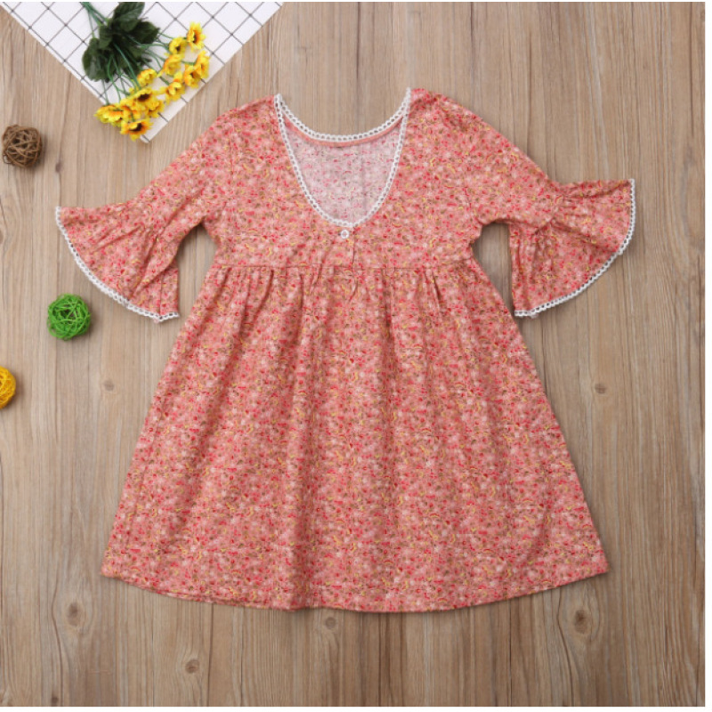 Conyson Summer Flower Kids Girls Dress Flare Sleeves Lace Casual Children Girl Cotton Pink Sweet Elegant 2-6Y Girls Dresses