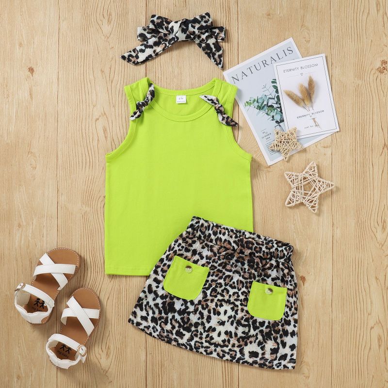 Conyson Summer Kids Clothing Set Fashion Korean Cotton Vest Leopard Short Skirt Headband Casual 3pcs Baby Girl Clothes Sets