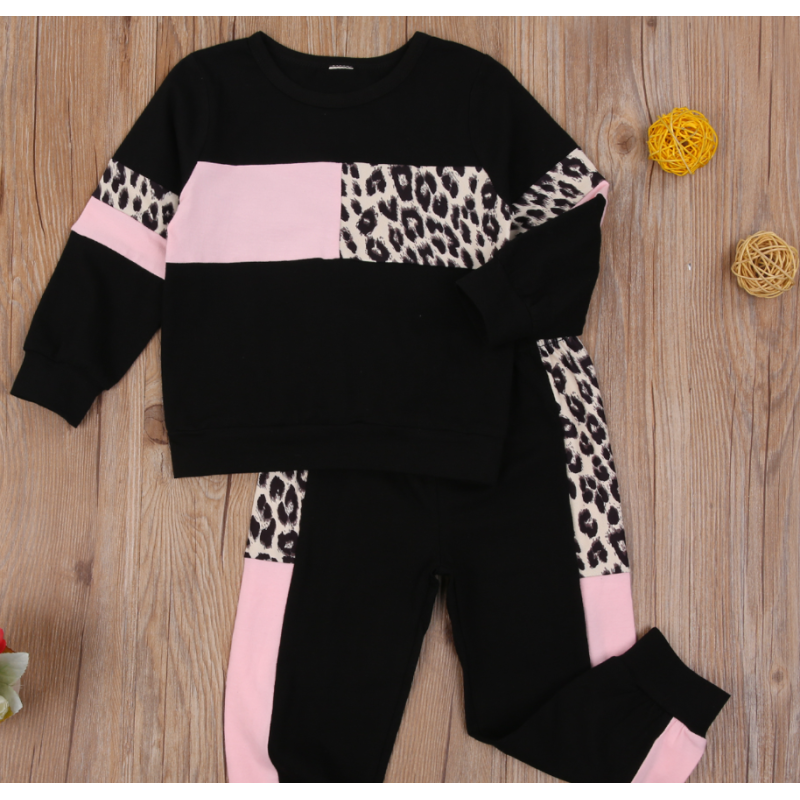 Conyson Patchwork Leopard Two Piece Baby Girl Clothes Long Sleeve Round Neck Top Elastic Head Long Pants Kids Sportswear Suit