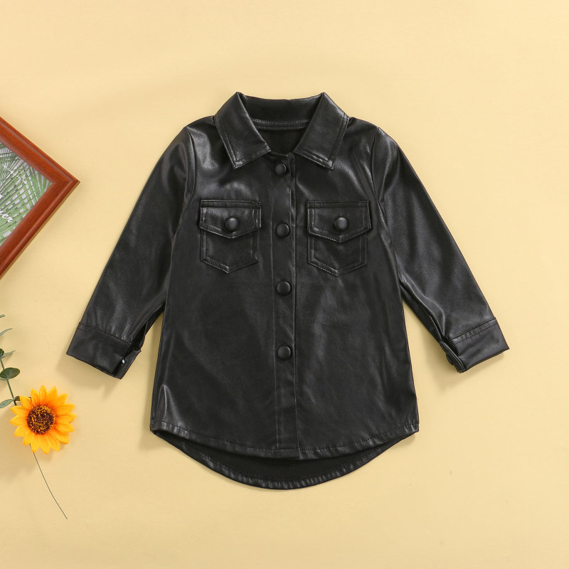 Conyson Wholesale Hot Fashion Summer Kids Clothes Leather PU Casual Solid Long Sleeve Single Breasted Straight Knee Dress Jacket