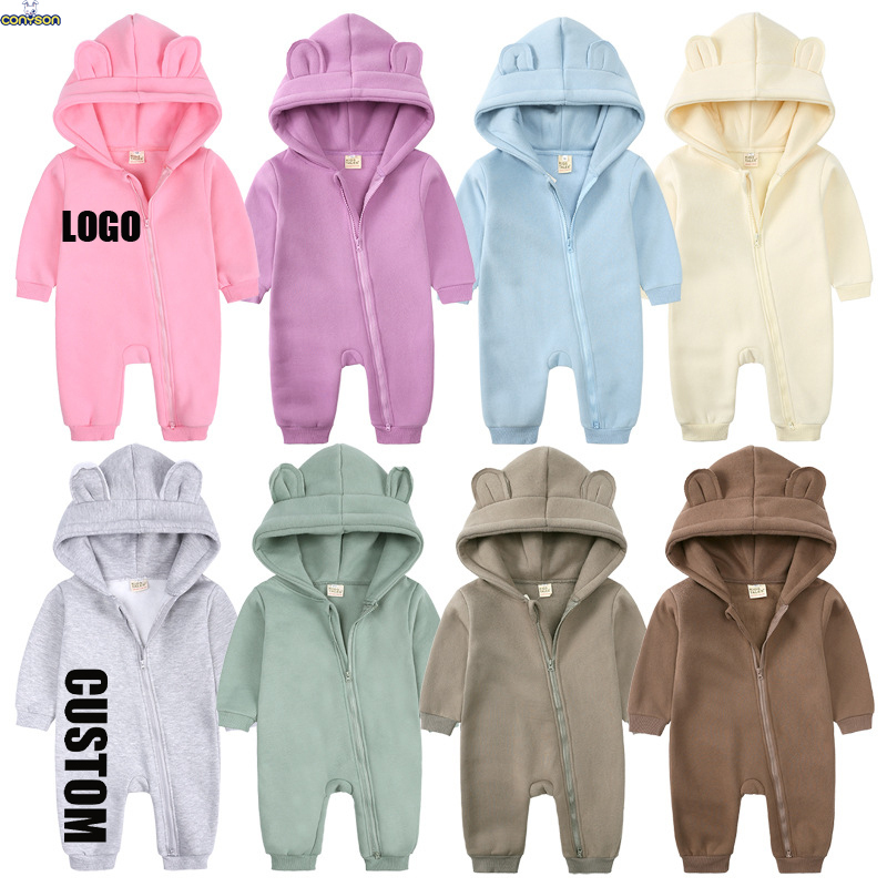Conyson autumn fashion designer custom logo newborn baby boy long sleeve clothe girl winter zipper cotton hoodie clothing romper