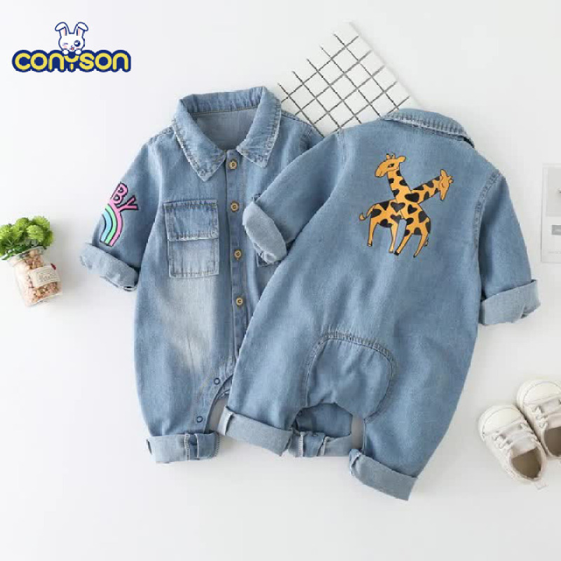 Conyson Hot Sale Organic Cotton Unisex Cowboy Long Sleeve Denim Onesie Korean Kids Clothing Baby Romper