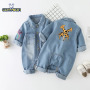 Conyson Hot Sale Organic Cotton Unisex Cowboy Long Sleeve Denim Onesie Korean Kids Clothing Baby Romper