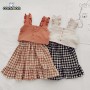 Conyson New Designer Hot Sale Suspenders Solid Top Plaid Skirt Kids casual Summer 2Pcs Short Set Little Girls
