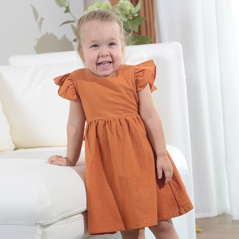 Summer Girls Ruffle Sleeve Dress Bow Princess Dress Organic Fabric Girls Dress