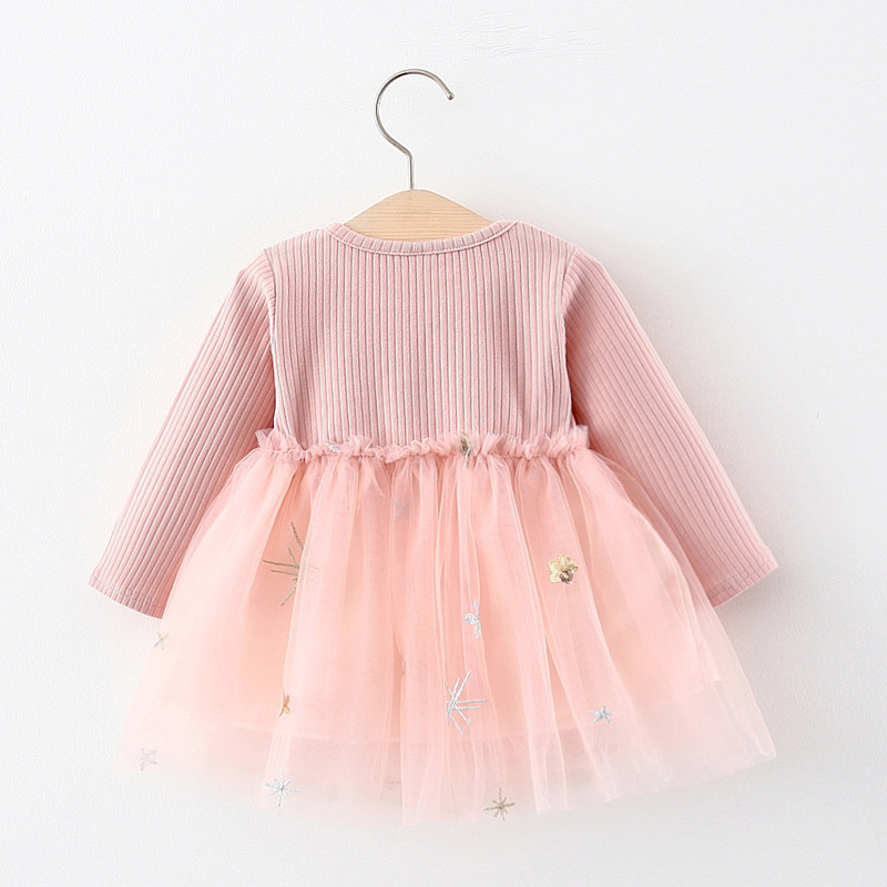 Vestido infantil de malha de manga comprida personalizado para atacado, estilo princesa, com tule, curto, para dança, em cores sólidas, para bebês e meninas.