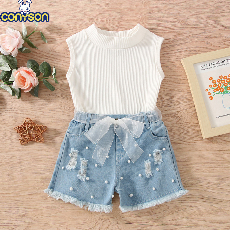 Conyson Hot Sale Girls Summer O-Neck Cotton Pocket Set with Lace 3 piece Girl Sleeveless Outfit Set Girls Knit Set