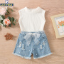 Conyson Hot Sale Girls Summer O-Neck Cotton Pocket Set with Lace 3 piece Girl Sleeveless Outfit Set Girls Knit Set