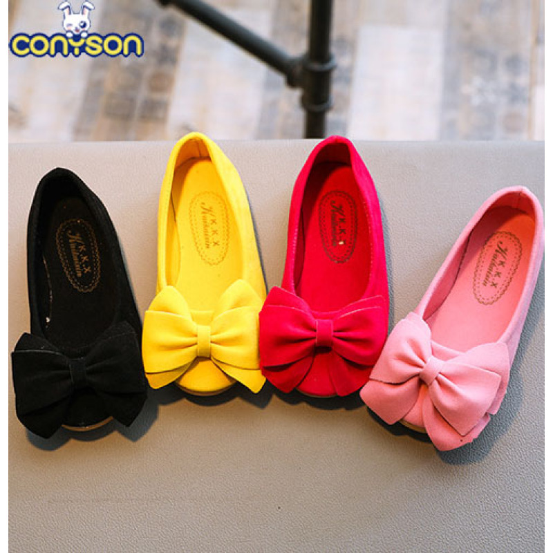 Conyson hot sale fashion boutique child slip on overshoes rubber bottom baby girl princess bowknot flannelette pure color shoes