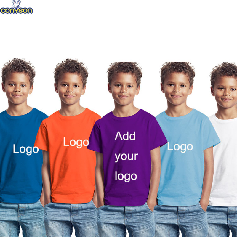 Conyson Custom Logo 100% Cotton Summer Clothes New Children Solid Short Sleeves Popular Design Kids T-shirt Boys Clothes Hot