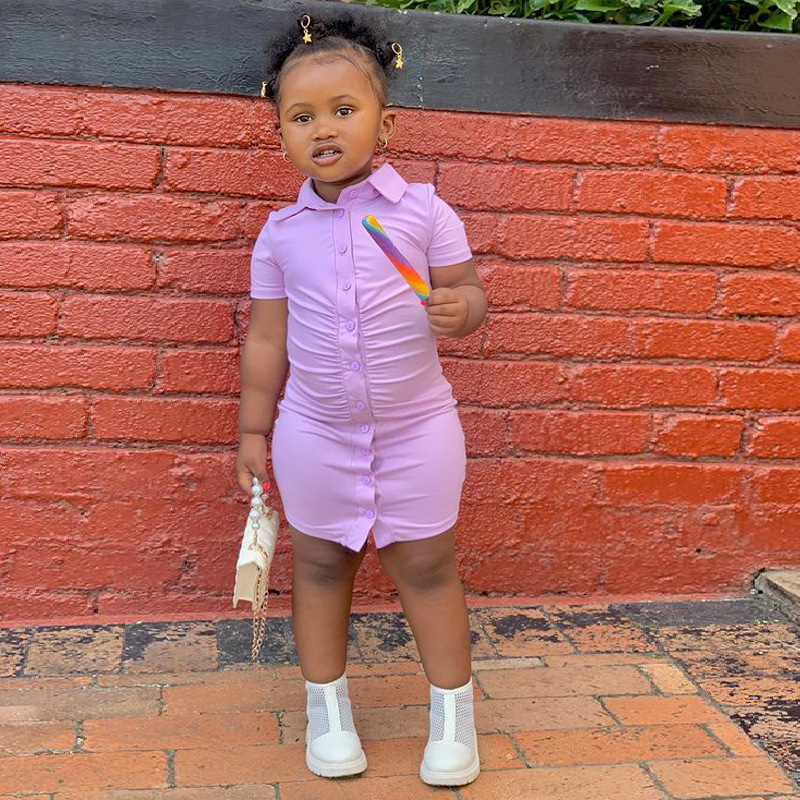 Conyson Hot Sale Summer Kids Clothes Sexy Tight Button Solid T-shirt Little Girls Custom Casual Short Sleeve Dress New For Kids