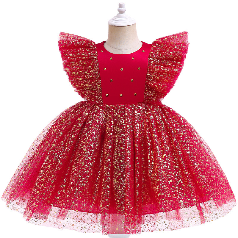 Conyson Chirsmas Hot Sale Tulle Skirt Big Glitter Flying Sleeves Bubble Skirt Baby Girls With Bow Embellish Shining Tutu Dress