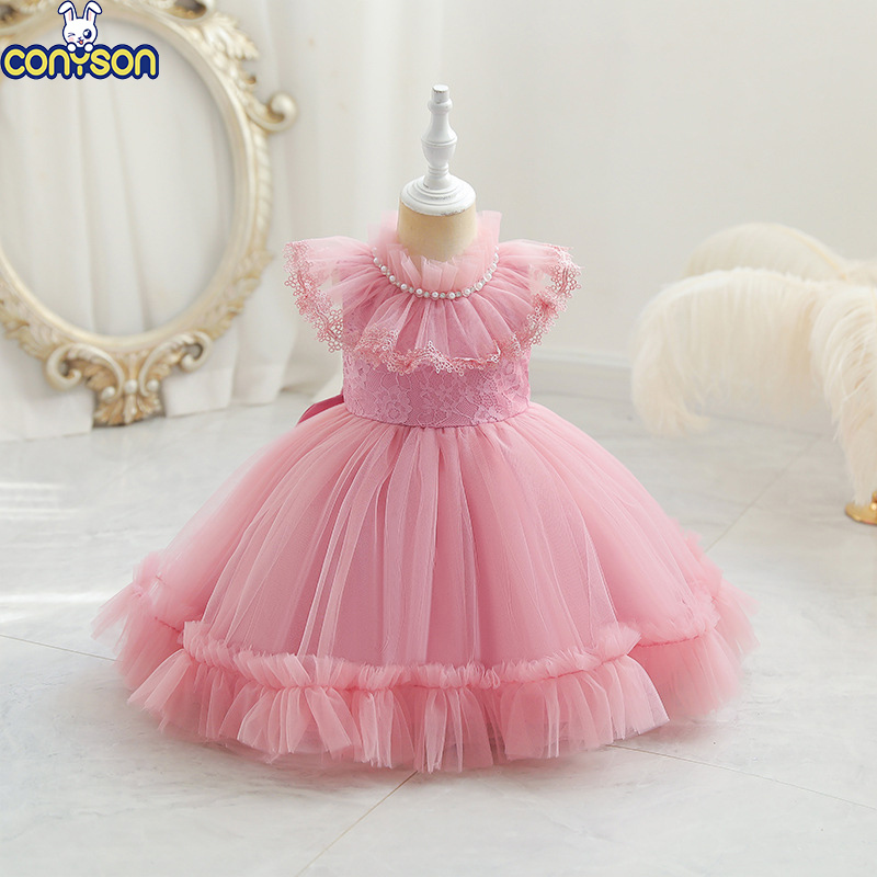 Conyson Hot Sale flower Girl Dress Mesh Birthday Princess Dress Puff European Style Embroidery Pearls Collar Sleeveless Dress