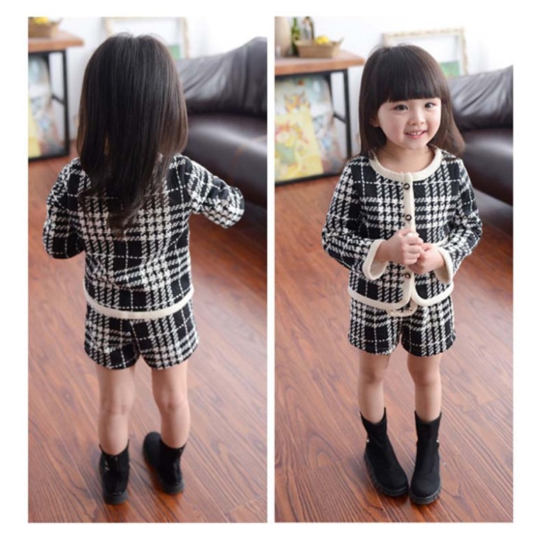 Conyson Winter Kids Girl Elegant Clothing Outfit New Plaid Long Sleeve Button Jacket+Shorts Litter Girls 2 pcs Set