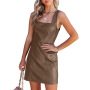 Summer Fashion Party Sleeveless Pu Leather Clothes Ladies Night Elegant Vintage Sexy Evening Dresses Summer Women Party Dress